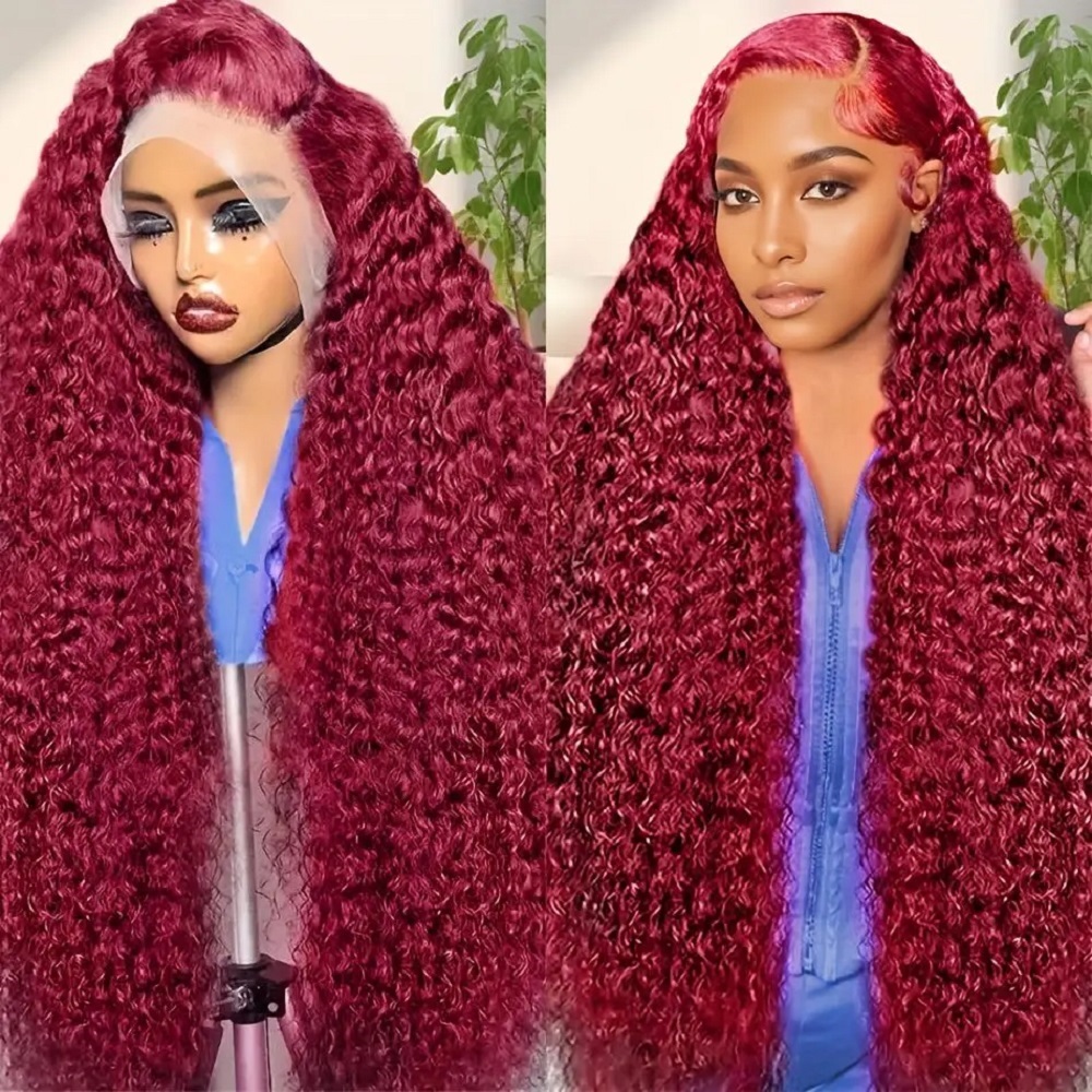 Human Hair Wigs - 200 Density Burgundy Deep Wave Human