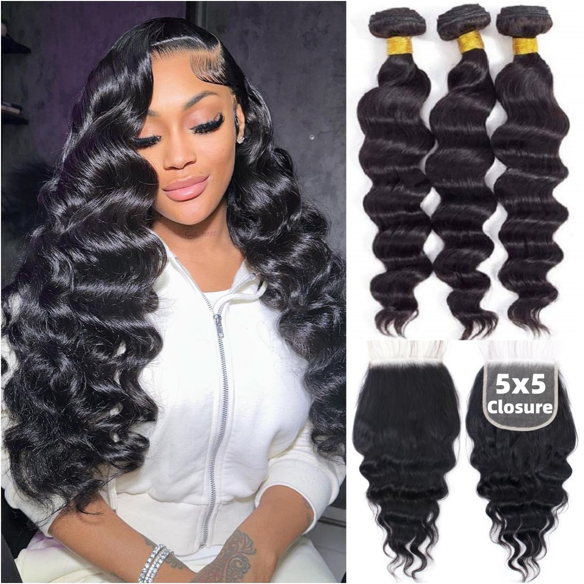 Loose Wave Human Hair Bundles  - Deep Wave 3 Bundles With Closure recension och pris