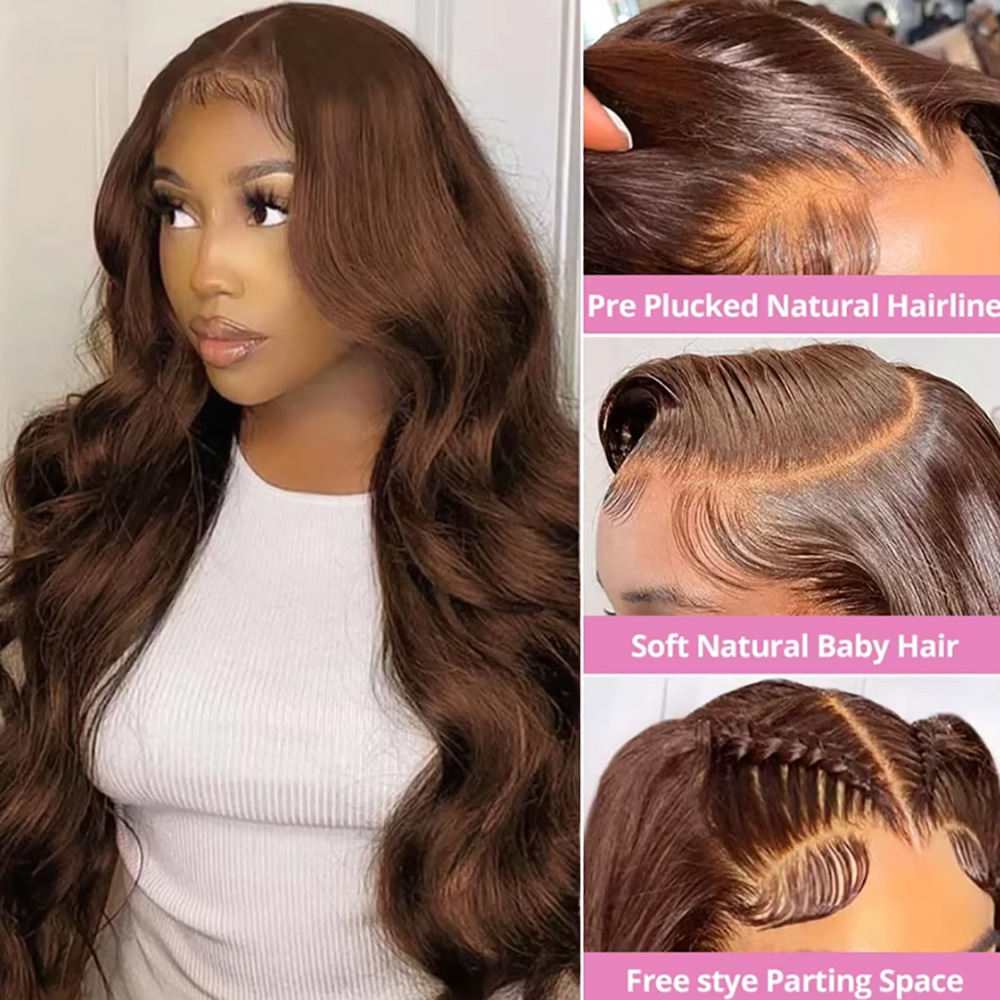 Chocolate #4 Body Wave Wig 220 - Hd Lace Frontal Wig Human Hair Pre Plucked recension och pris